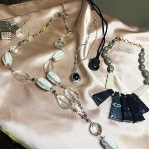 5 PIECE JEWELRY BUNDLE: Black Silver Retro Good Luck Necklaces and Earring Set